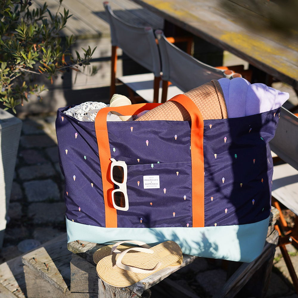 Diy Stoffe Inspiration 608w Strandtasche Xl Eiscreme Dunkelblau Label Gurtband Outdoor