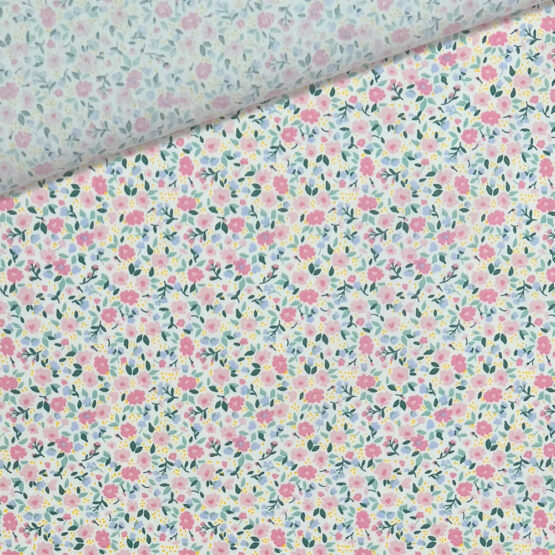 Popeline Baumwollstoff Tiny Pink Flowers Staubweiss