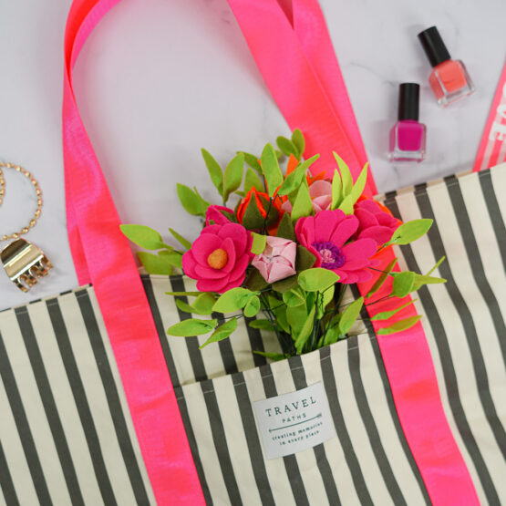 Diy Stoffe Inspiration 613h Strand Tasche Paket Label Neon Streifen Pink Filz Blume Draht